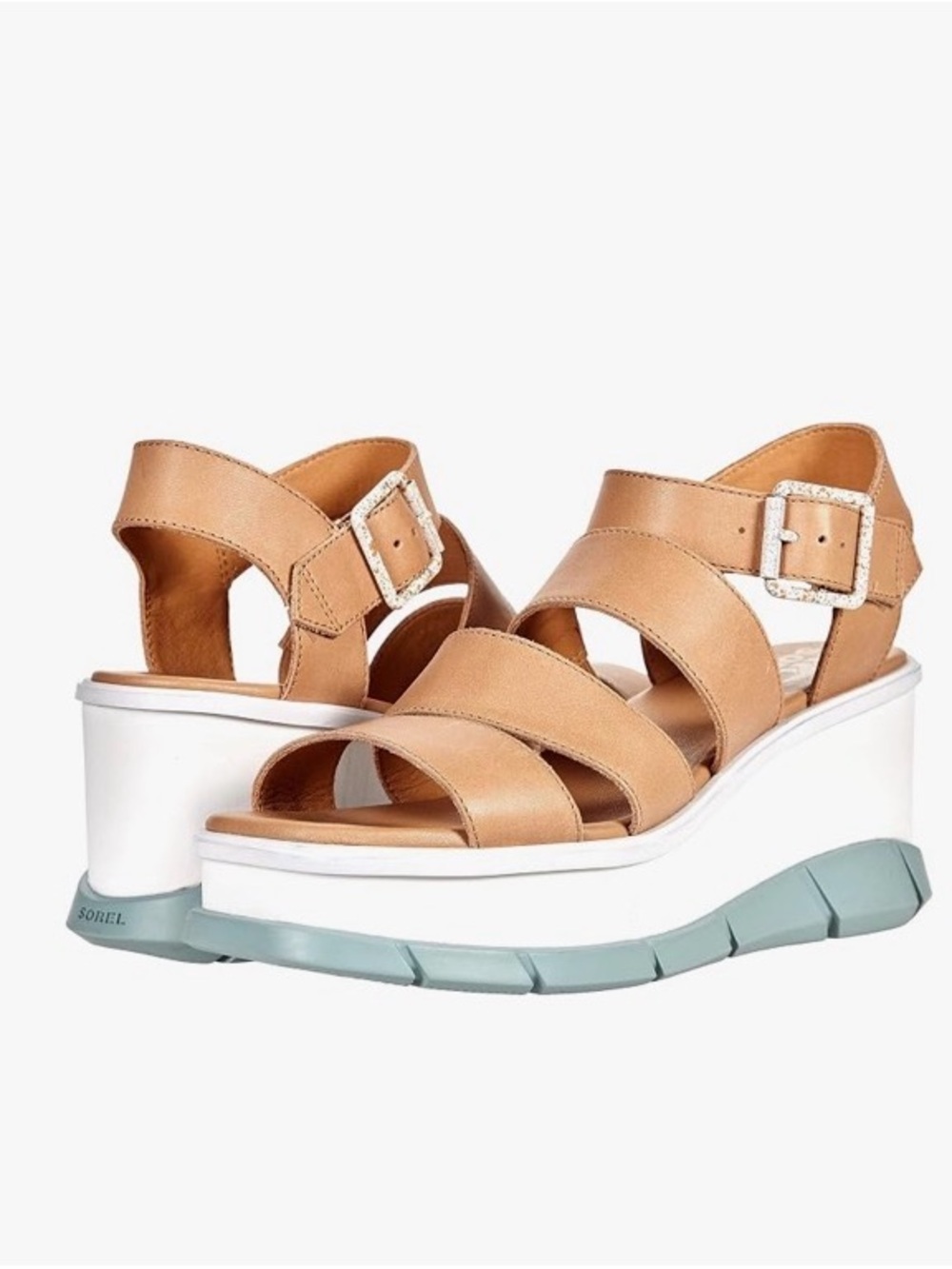 Sorel Tan Leather Platform Sandals with Mint Accent Sole